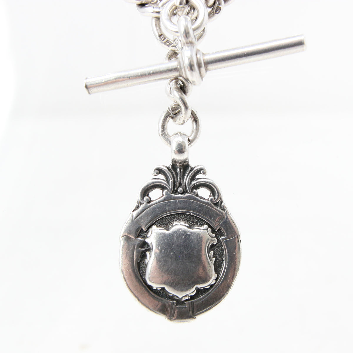 Antique 1919 HM Solid Sterling Silver Heavy Double Albert Smooth Curb Chain Necklace Fob Pendant 15.5'' 61g