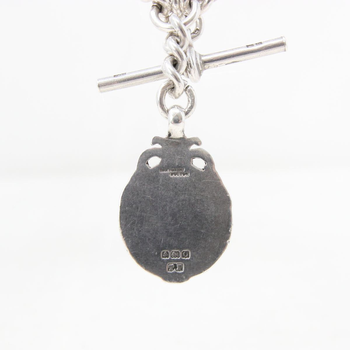 Antique 1919 HM Solid Sterling Silver Heavy Double Albert Smooth Curb Chain Necklace Fob Pendant 15.5'' 61g