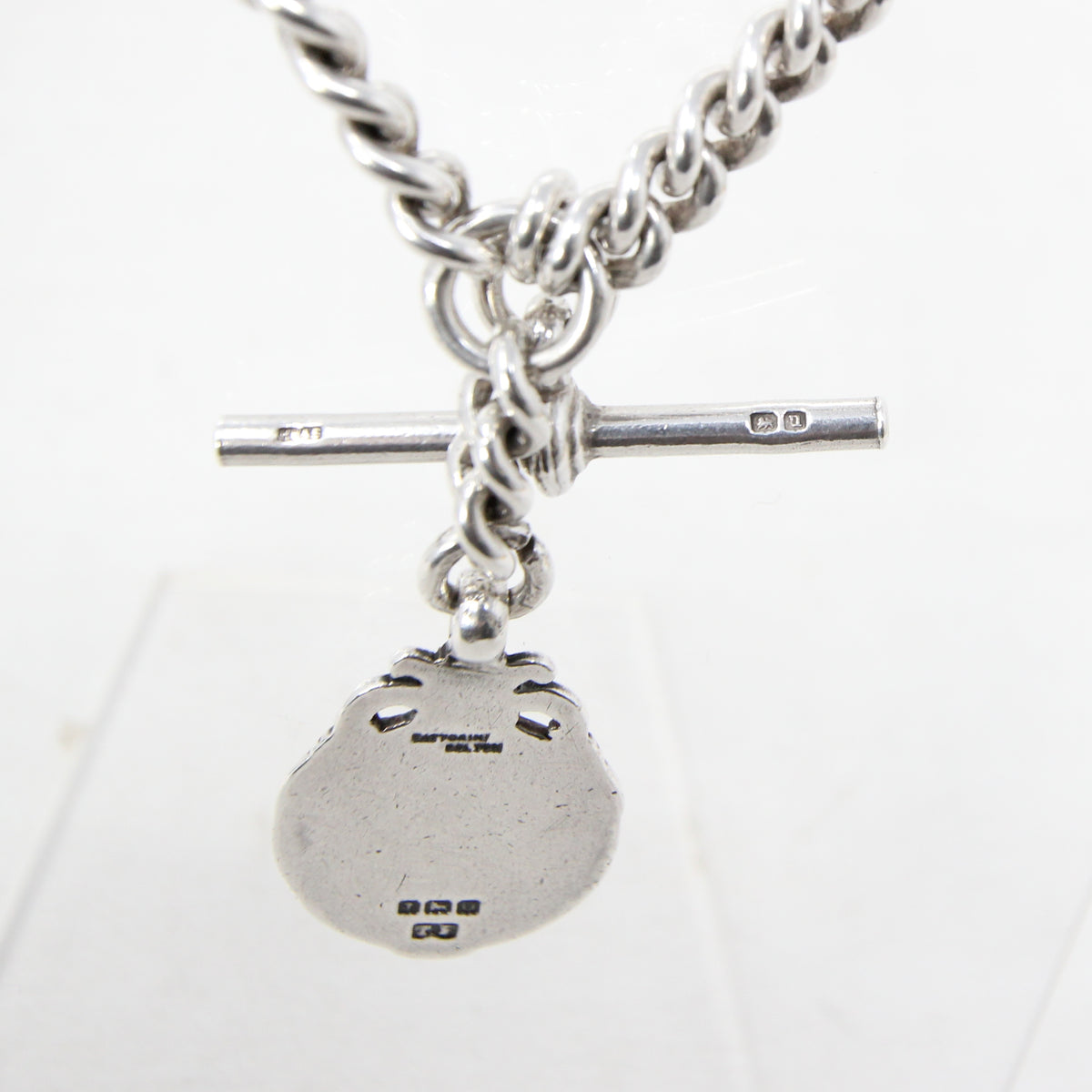 Antique 1919 HM Solid Sterling Silver Heavy Double Albert Smooth Curb Chain Necklace Fob Pendant 15.5'' 61g