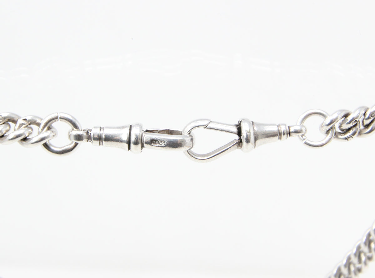 Antique 1919 HM Solid Sterling Silver Heavy Double Albert Smooth Curb Chain Necklace Fob Pendant 15.5'' 61g