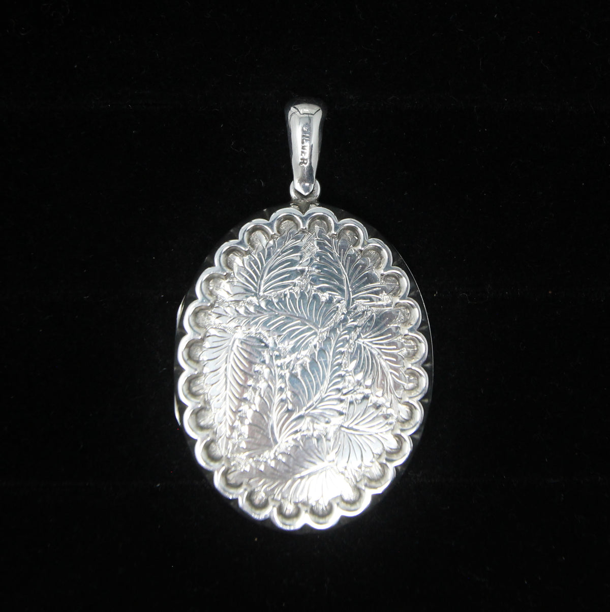 Antique Vintage Solid Sterling Silver Large Engraved Fern Locket Pendant for Chain Necklace