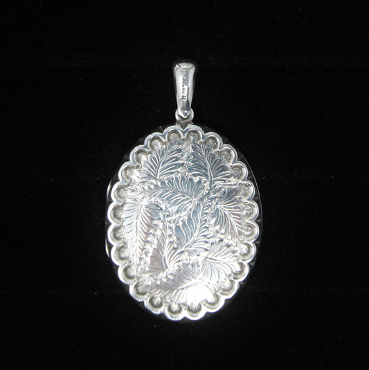 Antique Vintage Solid Sterling Silver Large Engraved Fern Locket Pendant for Chain Necklace