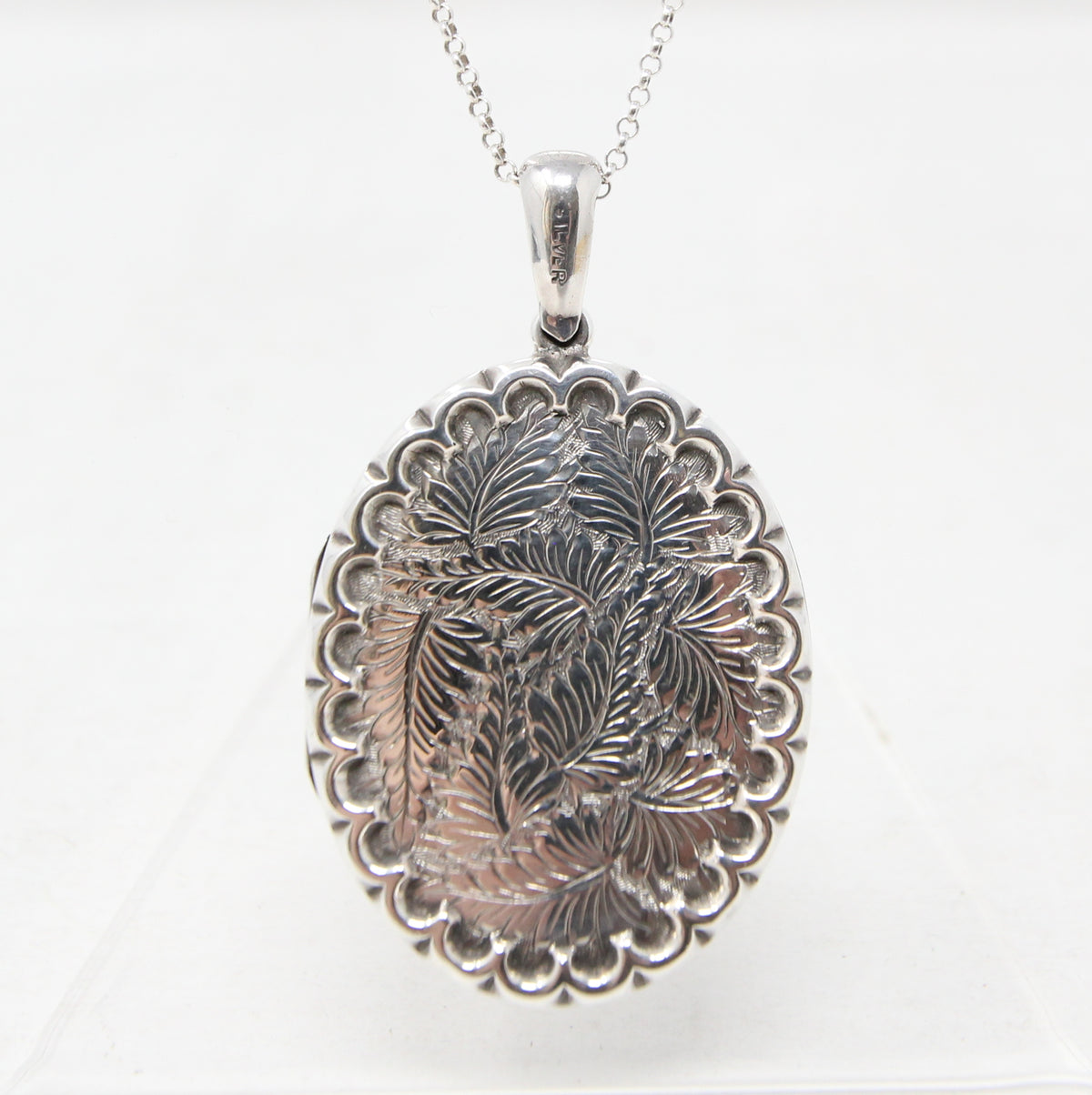 Antique Vintage Solid Sterling Silver Large Engraved Fern Locket Pendant for Chain Necklace