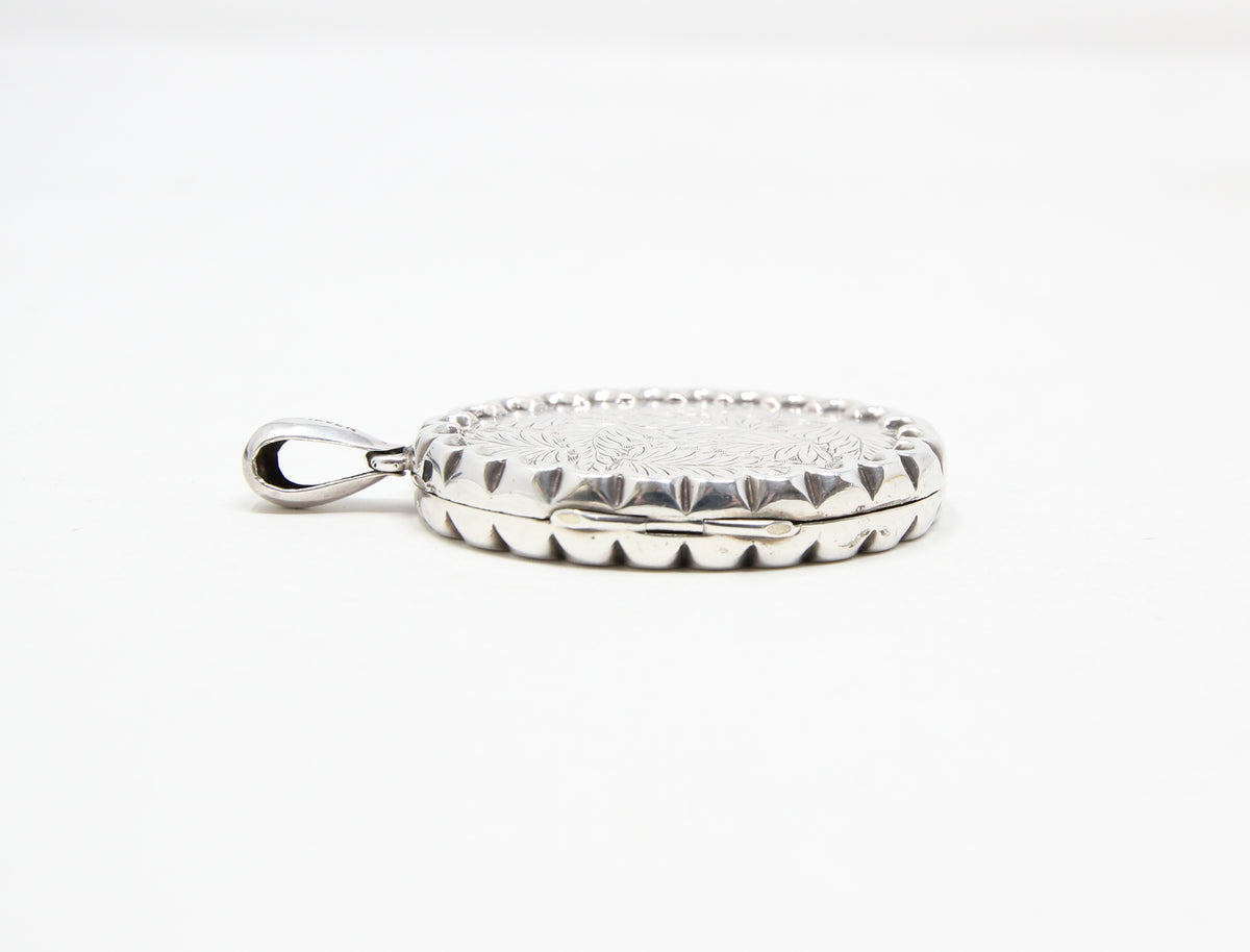 Antique Vintage Solid Sterling Silver Large Engraved Fern Locket Pendant for Chain Necklace