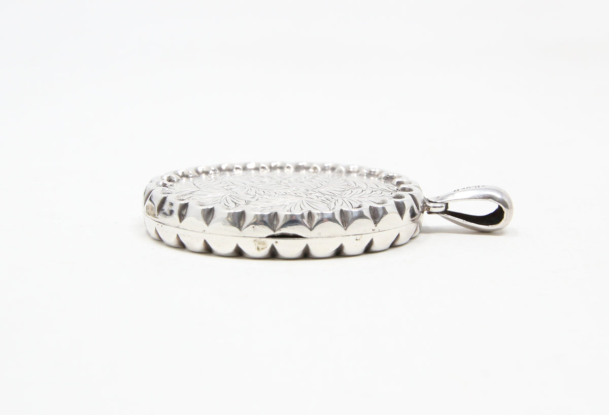 Antique Vintage Solid Sterling Silver Large Engraved Fern Locket Pendant for Chain Necklace