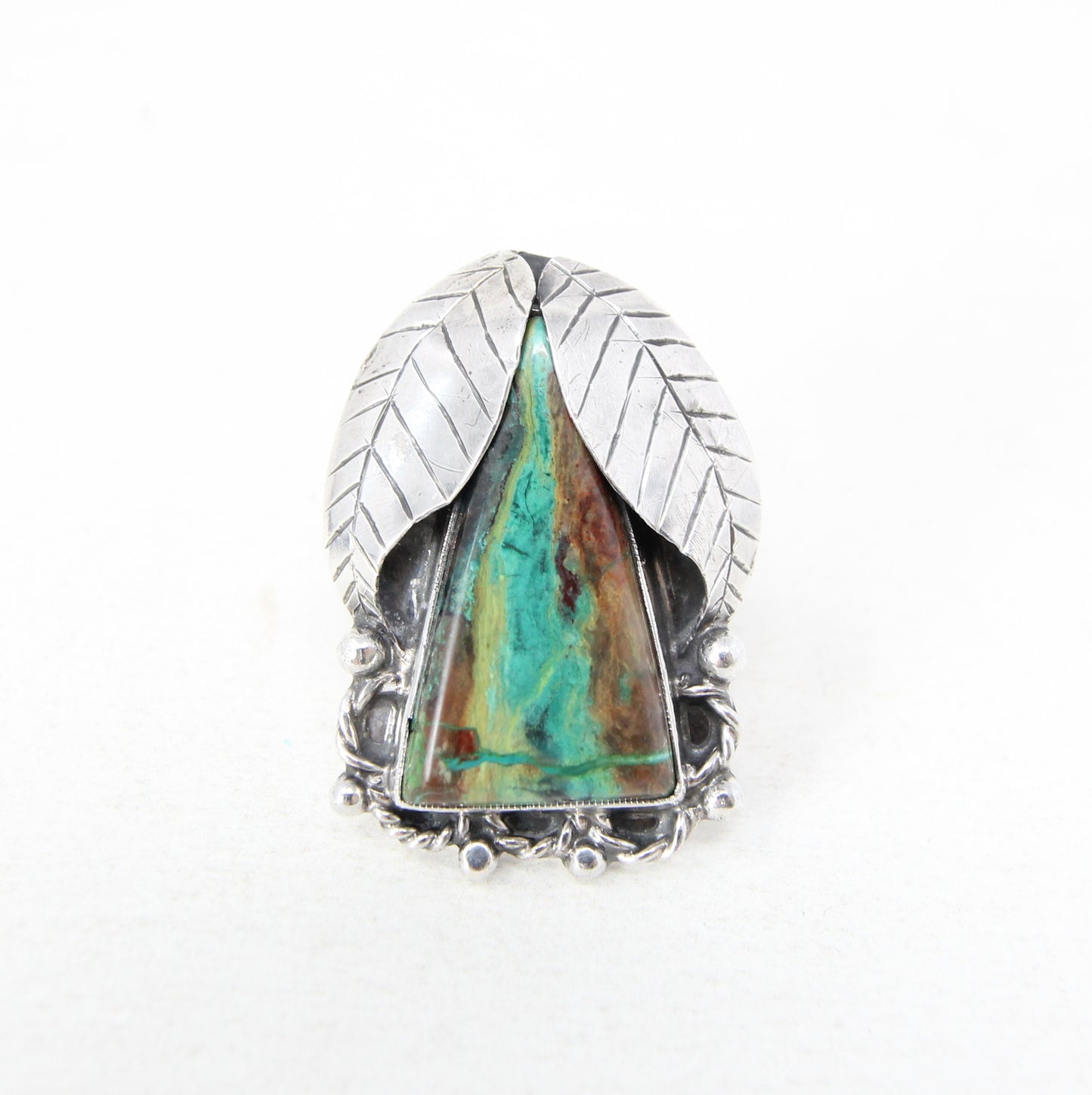 Vintage Hand Made Solid Silver Green Hard Stone Navajo Statement Navette Ring Size M 1/2