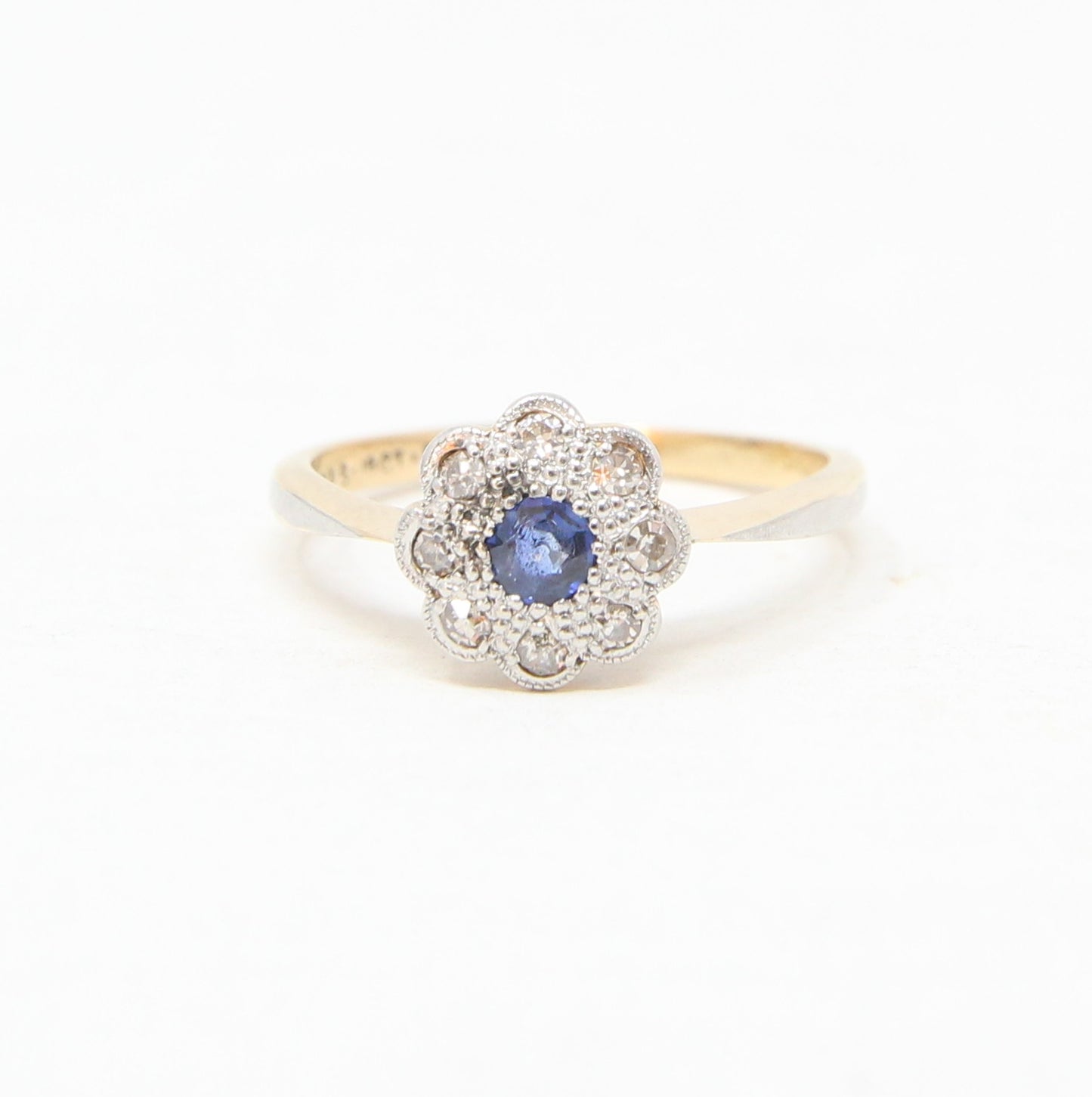 Antique Edwardian Hallmarked Solid 18ct 18k Gold Ink Sapphire Diamond Daisy Ring Size R