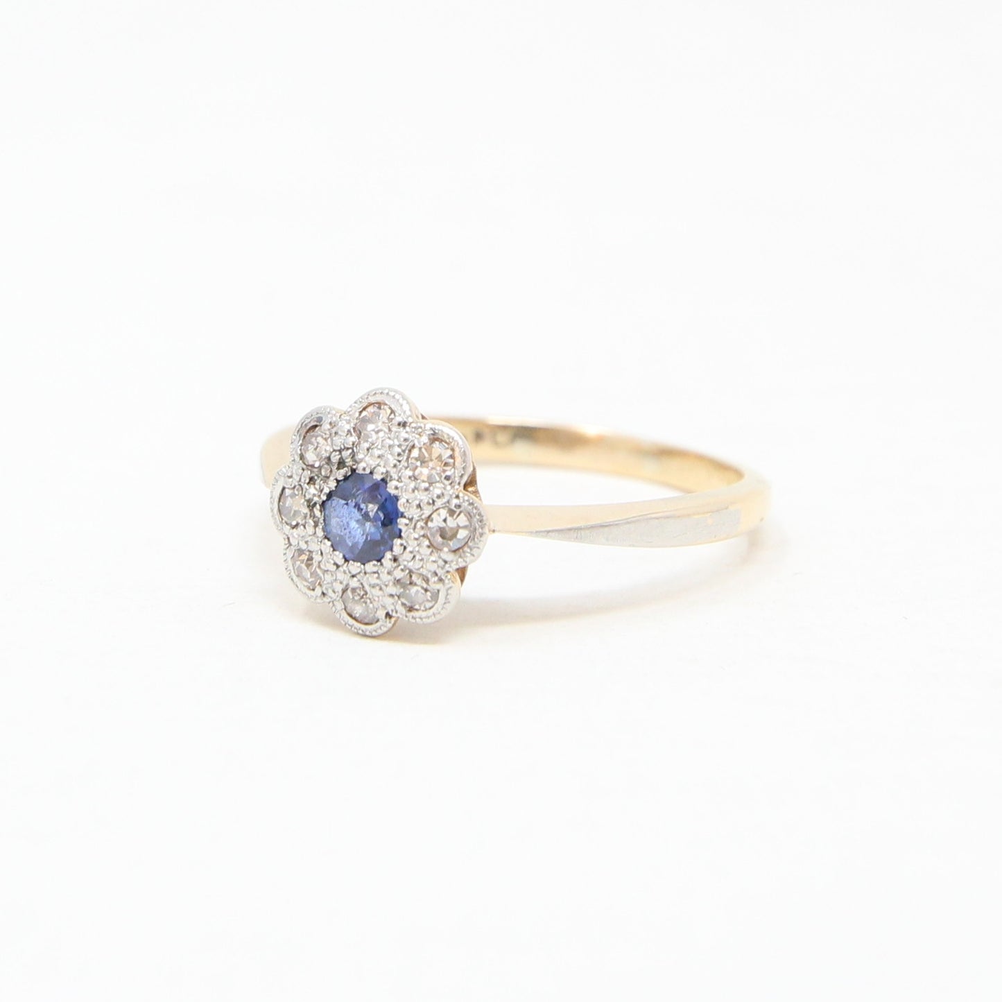 Antique Edwardian Hallmarked Solid 18ct 18k Gold Ink Sapphire Diamond Daisy Ring Size R