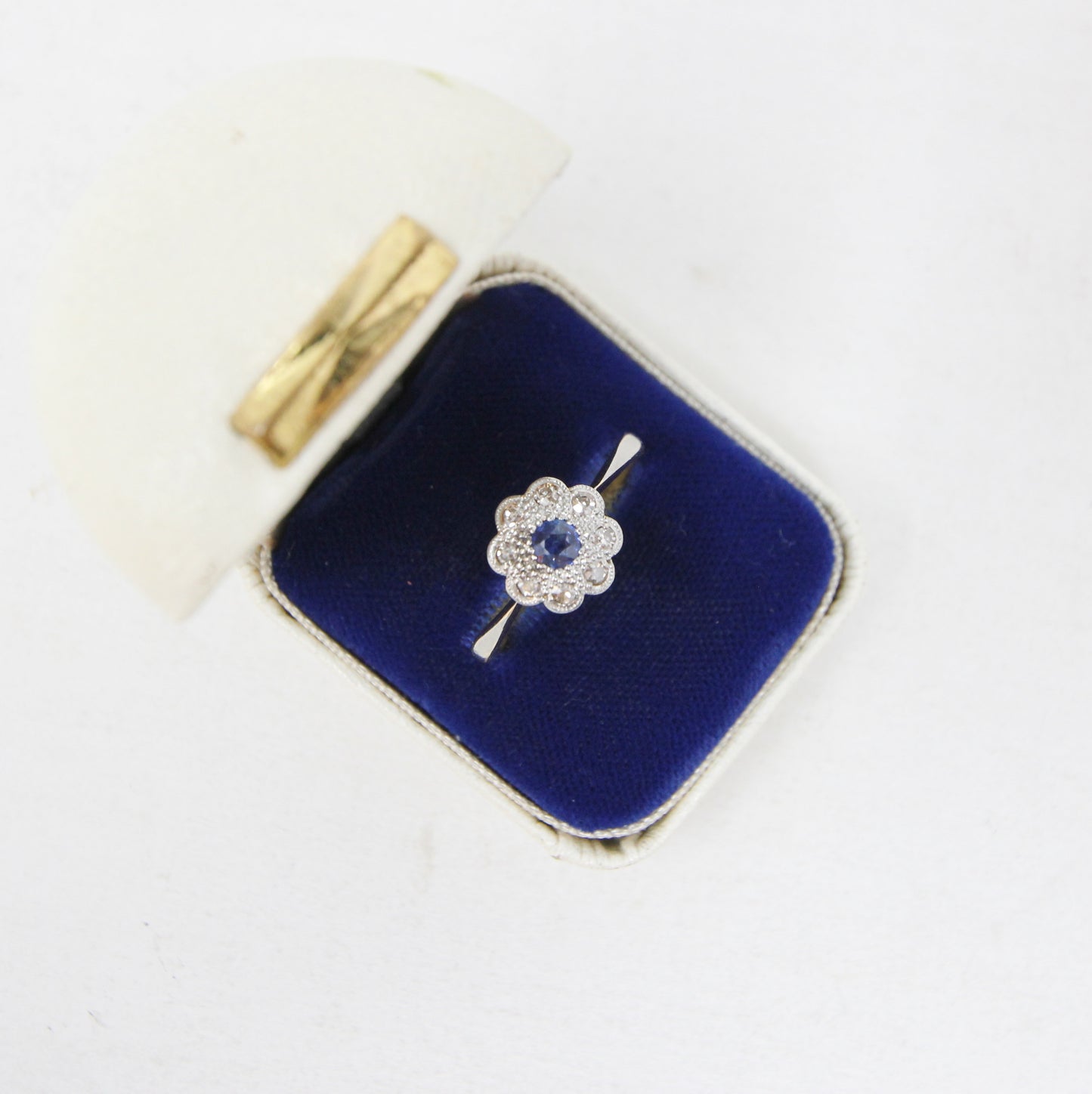 Antique Edwardian Hallmarked Solid 18ct 18k Gold Ink Sapphire Diamond Daisy Ring Size R