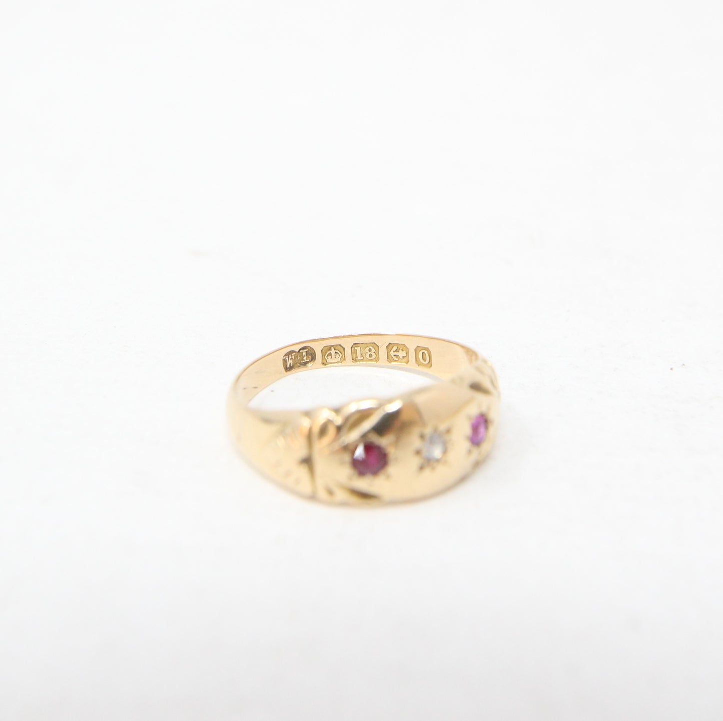 Antique Victorian 1863 Hallmarked Solid 18ct 18k Gold Ruby Diamond Gypsy Ring Size M 1/2