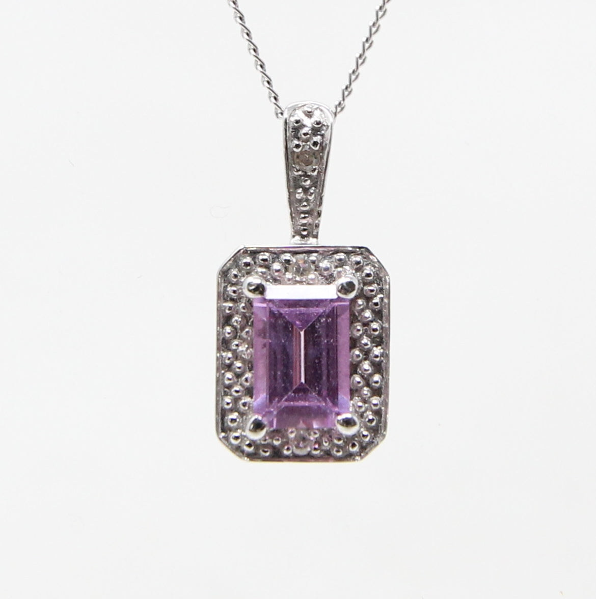 Vintage Hallmarked Solid 9ct 9k White Gold Pink Topaz & Diamond Pendant