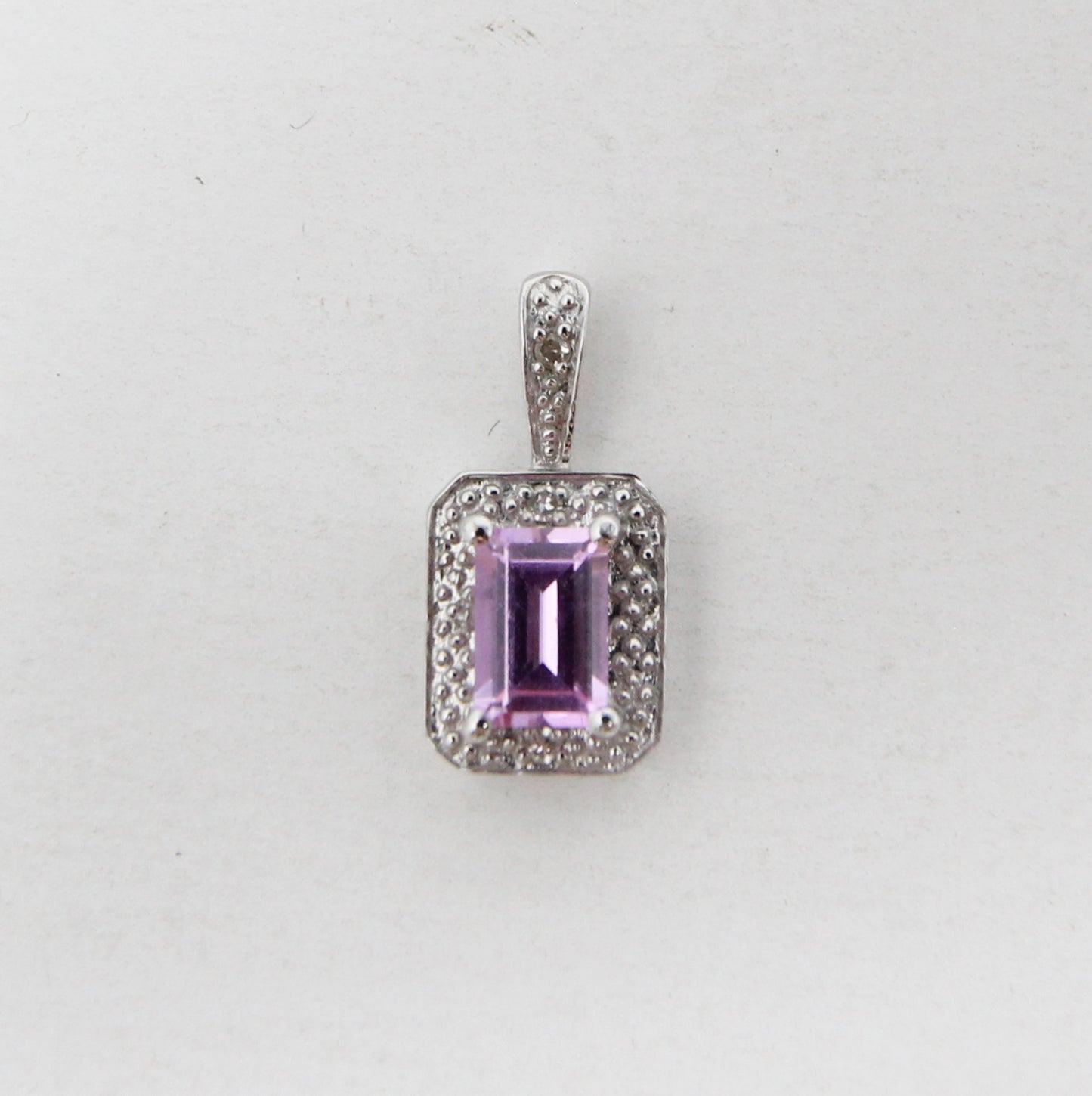 Vintage Hallmarked Solid 9ct 9k White Gold Pink Topaz & Diamond Pendant