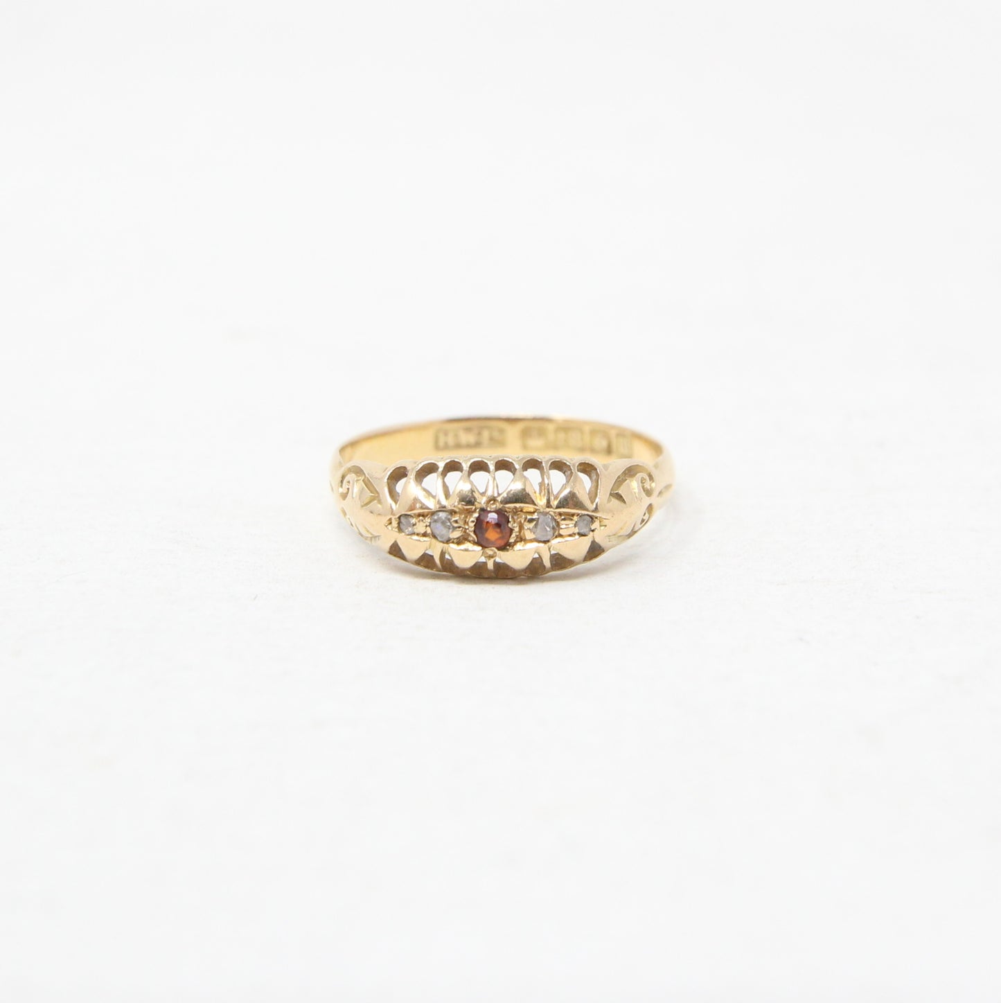 Antique 1911 Hallmarked Solid 18ct 18k Gold Garnet Diamond Boat Gypsy Ring Size L