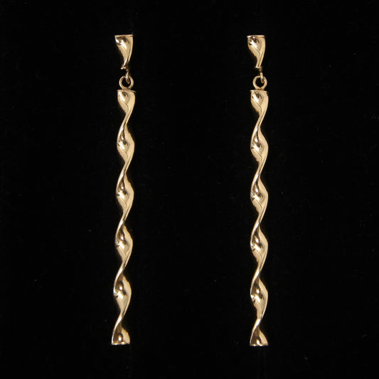 Vintage Hallmarked Solid 9ct 9k Gold Long Twist Bar Drop Stud Earrings