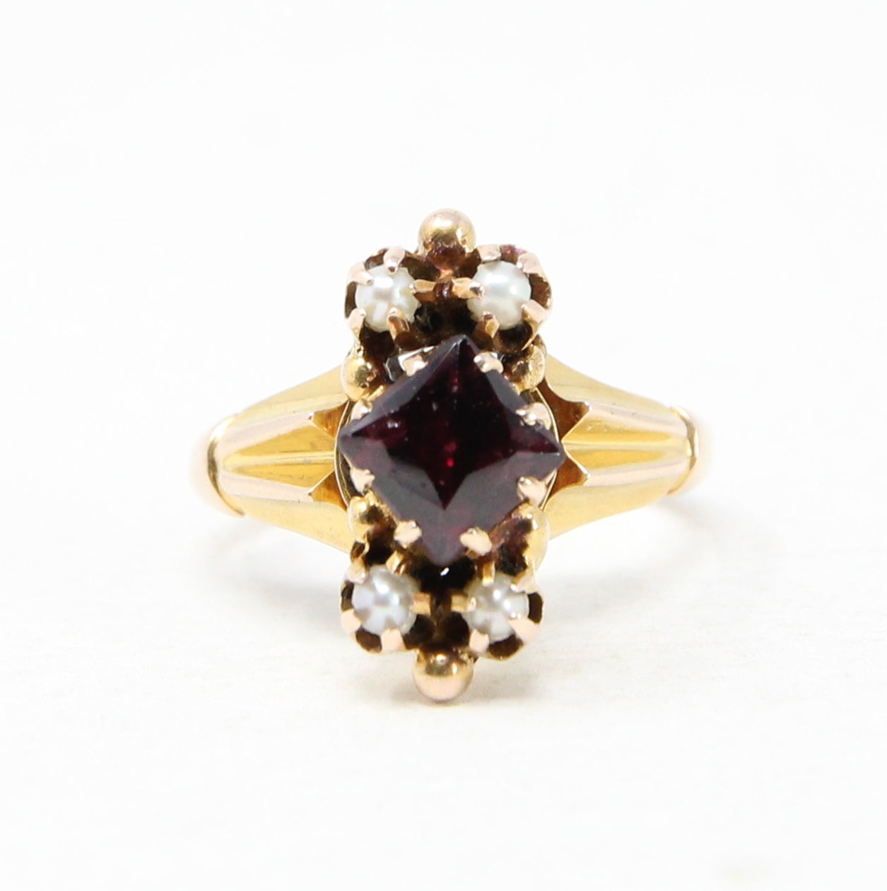 Antique Victorian Solid 9ct 9k Gold Garnet Seed Pearl Navette Ring Size J 1/2